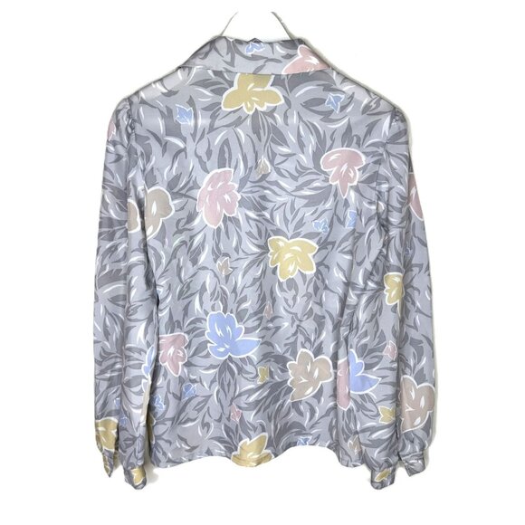 Vintage 70s 80s Gray Floral Long Sleeve Blouse, Oversized Collar, Size 12 - Picture 2 of 8